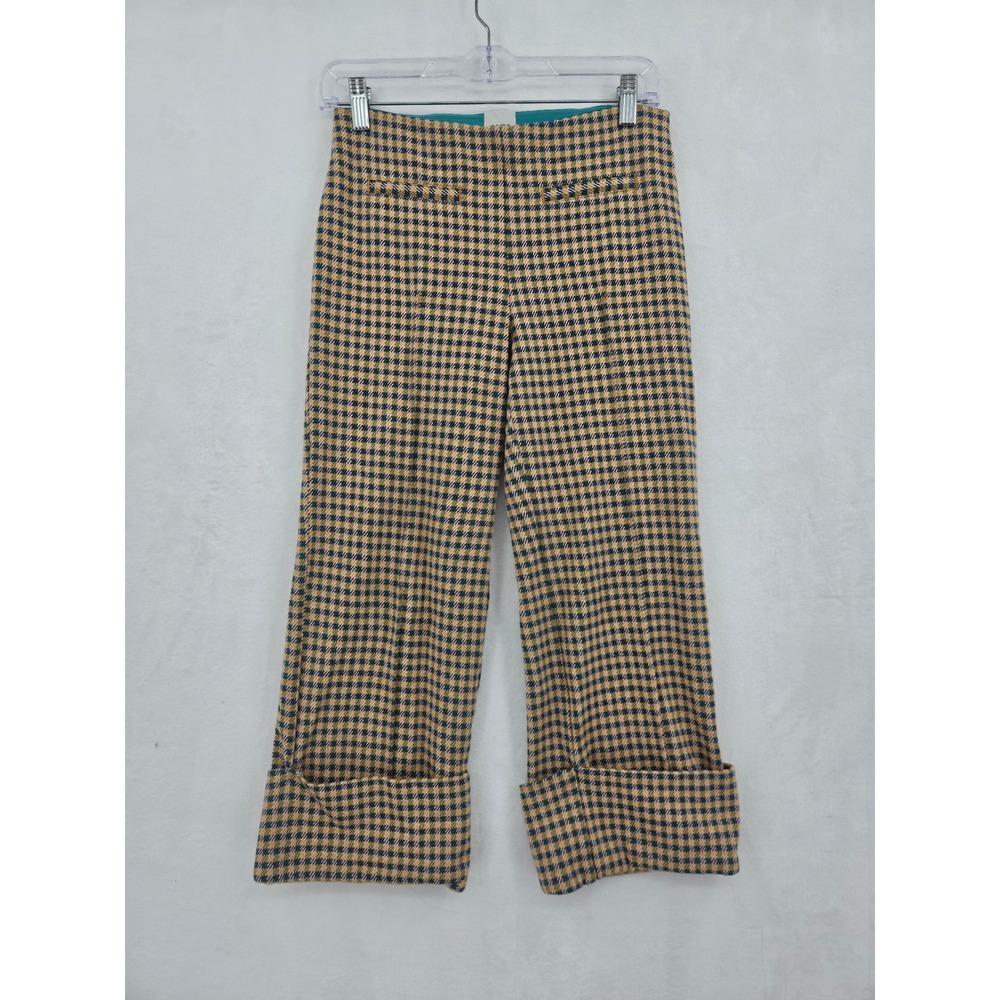 Maeve Anthropologie Houndstooth Wide Leg Cuffed Cropped Pants Yellow Navy XSP